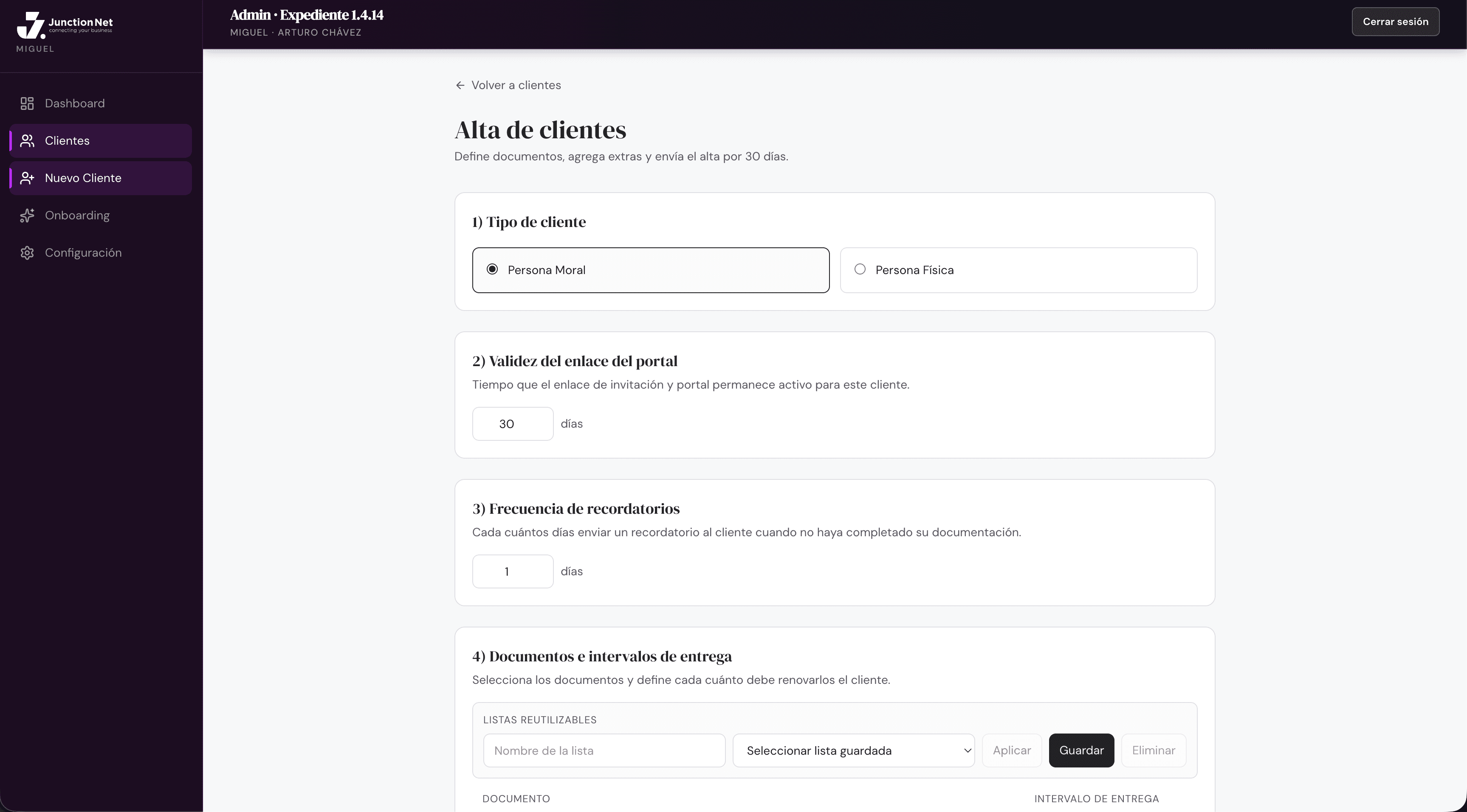 Alta de proveedores — configuración de documentos